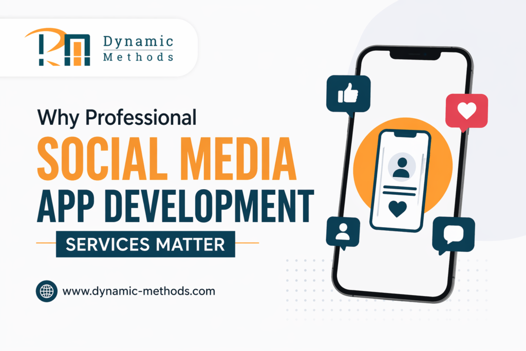 Simple banner showing social media app development services with smartphone illustration, user icons, likes, and engagement elements.