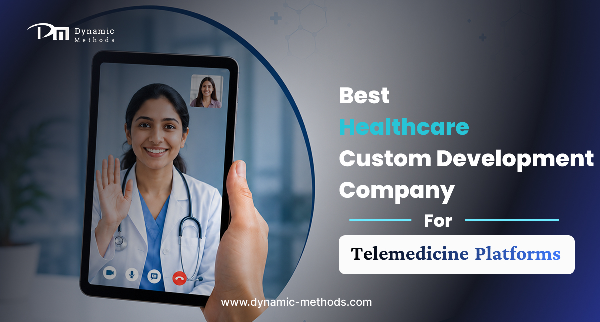 Best healthcare custom software development company for telemedicine platforms showing doctor video consultation on tablet