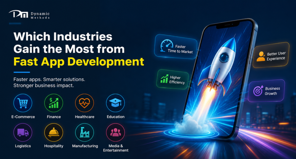Futuristic banner showing a smartphone launching a rocket to represent fast app development, highlighting industries like e-commerce, finance, healthcare, education, logistics, hospitality, manufacturing, and media with benefits such as faster time to market, better user experience, higher efficiency, and business growth.