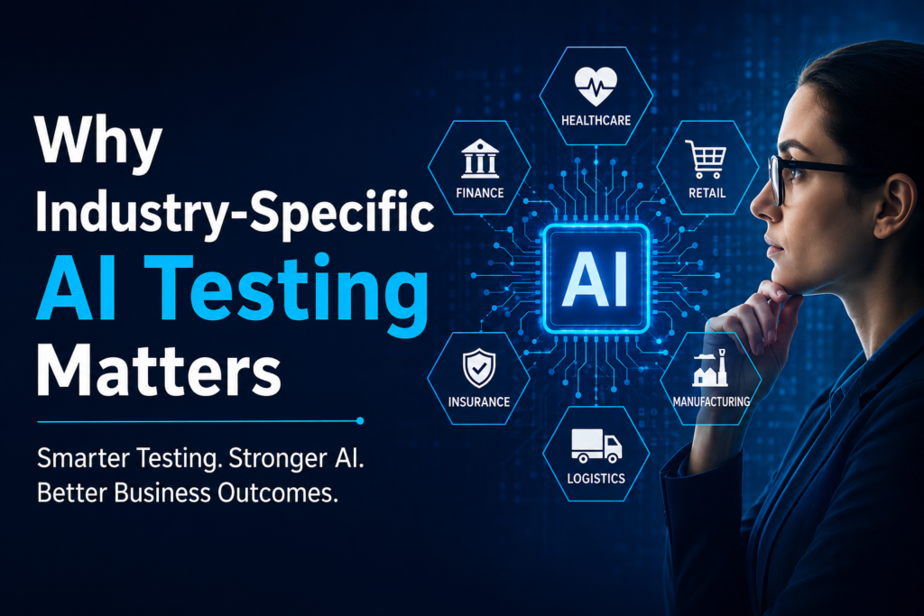 Professional woman analyzing AI system with digital interface showing industry-specific AI testing across healthcare, finance, retail, and manufacturing