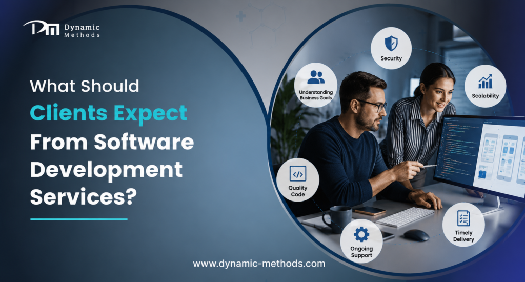 What should clients expect from software development services showing developers working on code with icons for security, scalability, quality, and support