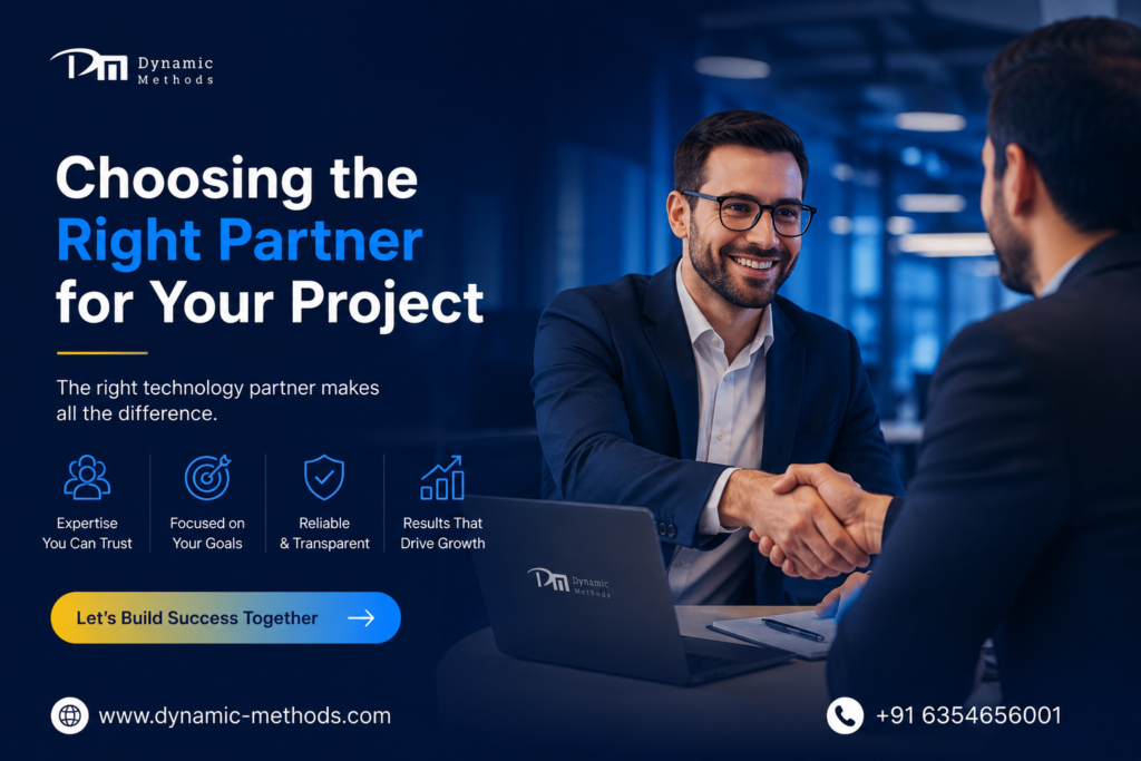 Two business professionals in a modern office shaking hands across a desk, symbolizing partnership and collaboration, with the text “Choosing the Right Partner for Your Project.”