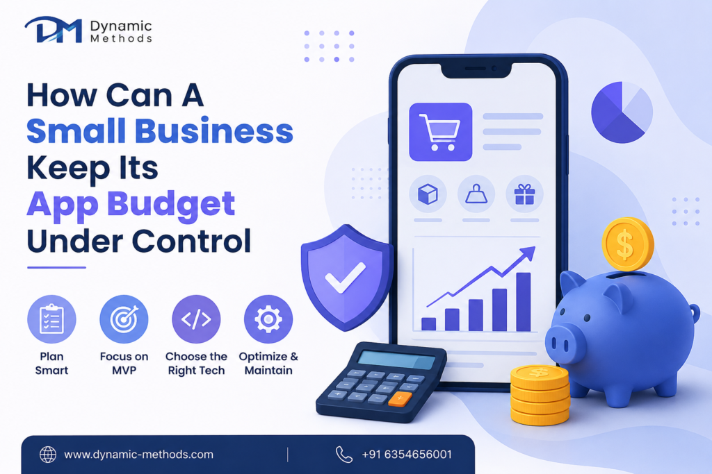 Small business app budget control illustration with smartphone, piggy bank, calculator, and growth chart
