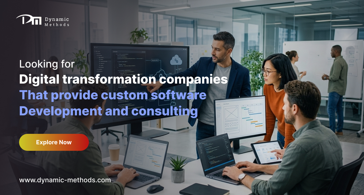 Team discussing digital transformation and custom software development solutions in a modern office environment
